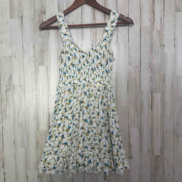 Rue 21 Floral Sundress XS Blue Yellow Ruffle Smocked Cottagecore Boho Y2K - Picture 1 of 9